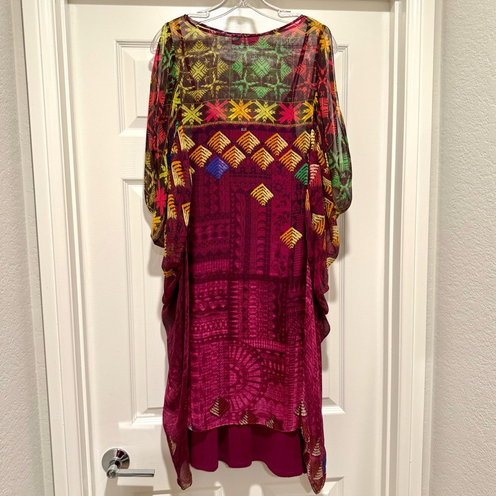 New $498 Hemant & Nandita Flowy Fuchsia Colorful Sheer Overlay Dress Size Med